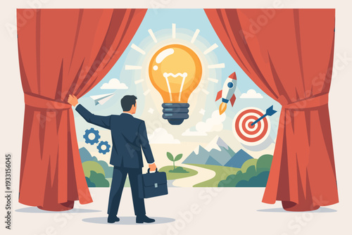 Businessman opening red curtains to reveal a world of business innovation and creativity with a giant glowing light bulb, rocket ship, target, gears, and mountains representing vision and success.