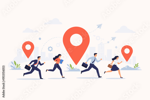 Business Team Running Towards Large Red Location Pin Markers in a Cityscape Background; Concept for Navigation, Business Direction, Career Goals, and Reaching Success in Flat Vector Style.