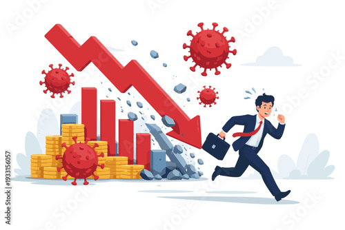 Businessman running away from falling red arrow and economic collapse caused by COVID-19 coronavirus pandemic, global financial crisis with crashing stock market graph and money loss concept.
