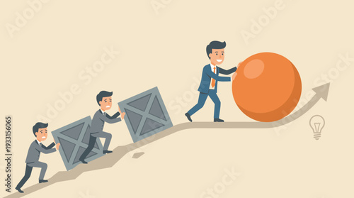 Businessman Pushing a Sphere Easily Up a Hill While Others Struggle with Square Boxes, Concept of Innovation, Efficiency, Creative Problem Solving, Competitive Advantage, and Working Smarter.