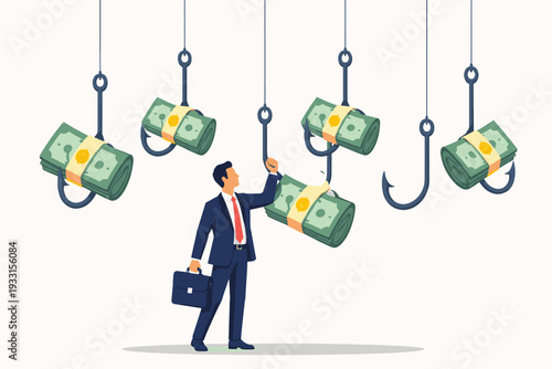 Businessman Reaching for Money on Fishing Hooks, Concept of Financial Bait, Investment Risk, and Corporate Traps, Flat Vector Illustration of a Professional Choosing Between Dangerous Rewards