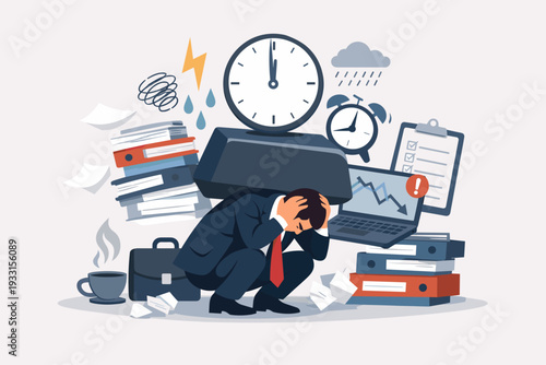 Stressed Businessman Under Heavy Workload and Pressure Vector Illustration. Concept of Burnout Syndrome, Tight Deadlines, Corporate Stress, Mental Health, and Overwhelmed Employee in Office Setting.