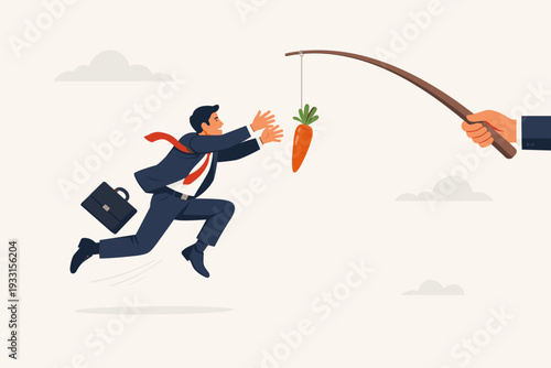 Businessman jumping in the air to catch a carrot on a stick held by a hand, metaphor for motivation, incentive, reward, and manipulation in business corporate career and work environment.