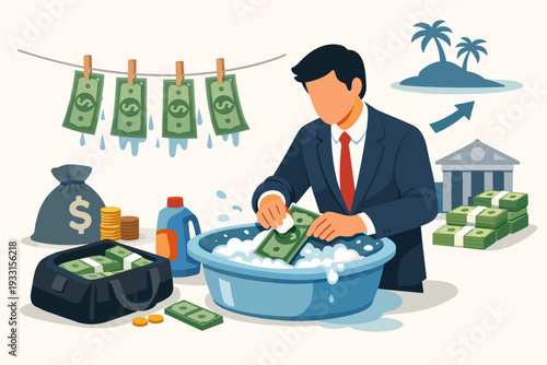 Businessman washing dollar bills in soapy water, money laundering and financial crime concept, tax evasion, offshore banking, illegal cash flow, corruption, and economic fraud illustration.