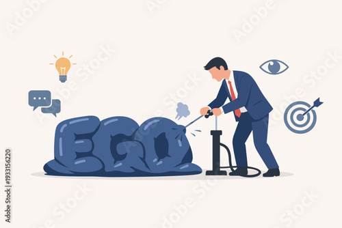 Businessman Deflating Large EGO Balloon with Hand Pump, Concept of Humility, Self-Awareness, Personal Growth, Leadership, Emotional Intelligence, Open to Feedback and Different Perspectives
