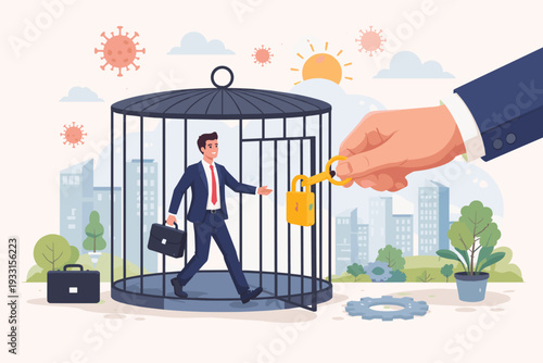Businessman stepping out of a birdcage as a giant hand unlocks it with a golden key, representing the restart of business and return to normal after the peak of the COVID-19 pandemic lockdown.