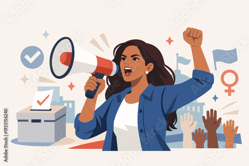 Empowered Woman Activist Speaking into Megaphone with Raised Fist for Voting Rights and Election Participation, Female Leadership Illustration for Suffrage, Democracy, and Social Justice.
