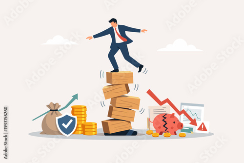 Businessman balancing on unstable stack of boxes for financial risk management and investment assessment concept, showing contrast between security with money bags and loss with broken piggy bank