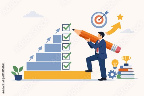 Skill Level Growth and Professional Development Concept with Businessman Checking Off Checklist on Staircase Chart, Career Advancement, Goal Achievement, Success, and Education Illustration