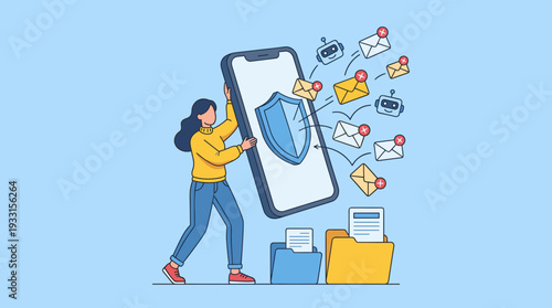 Woman Protecting Smartphone from Spam Emails and Bot Messages with a Shield, Concept of Digital Security, Mailbox Cleaner, and Email Organization for a Clutter-Free Inbox and Data Protection