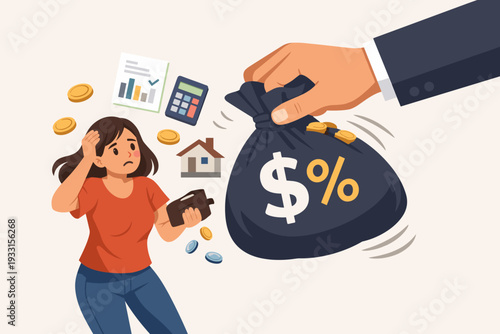 Stressed woman holding empty wallet as a large hand takes away a heavy money bag with dollar and percent signs, symbolizing tax burden, debt, financial charges, and government tax time.