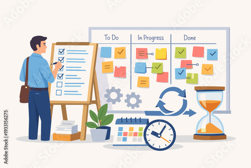 Professional Project Manager Planning Tasks on Scrum Board with Kanban Columns, Sticky Notes, Checklist, Hourglass, and Clock for Agile Workflow, Productivity, and Efficient Time Management.