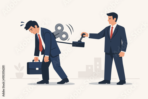 Tired Businessman with Wind-up Key on Back Controlled by Manager, Concept of Burnout and Exhausted Employee as a Robot or Toy Manipulated by Boss, Corporate Pressure and Micromanagement Concept.