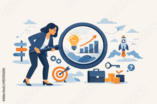 Businesswoman using a magnifying glass to discover growth strategies and creative ideas. Concept of market research, vision, startup success, financial planning, and strategic goal achievement.