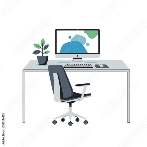 Modern home office desk with computer, chair, and potted plant