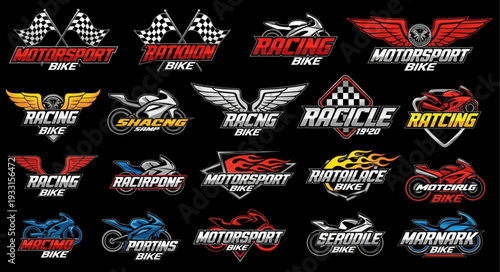 Collection of Motorcycle Racing Logos and Motorsport Designs on Black Background.