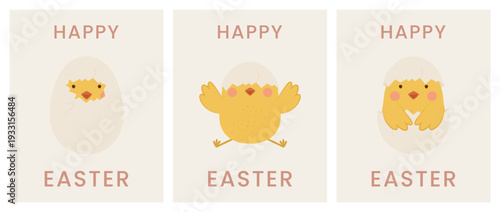 Set of cute Easter greeting cards with chick in eggshell. Minimal flat style illustration in soft pastel colors. Happy Easter!