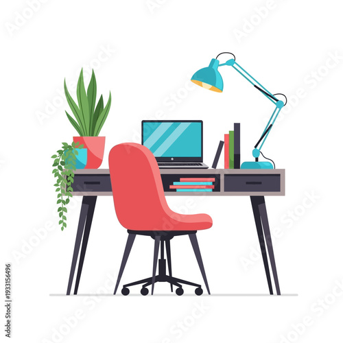 Modern home office desk with laptop, chair, lamp, and plants