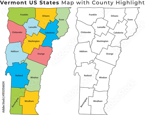 Vermont us state map with highlighted counties and labeled regions for travel and geography