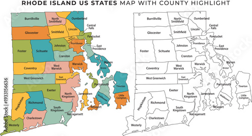 Rhode island and us states map with county highlight colorful geographic illustration