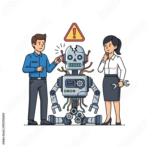 Broken robot with warning sign, engineers fixing it, technology failure concept