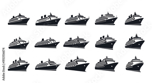 Collection of cruise ships in black and white, perfect for travel concepts.