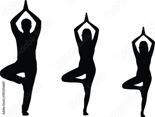 Black silhouettes featuring three diverse people practicing yoga in the tree pose with hands raised above their heads isolated on a white background for wellness