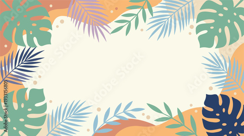 Modern tropical leaves and abstract shapes creating a vibrant summer frame