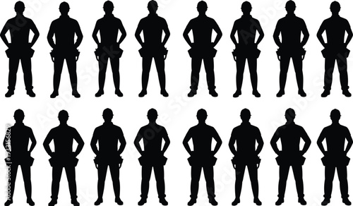 Construction worker silhouettes standing with hands on hips, confident builder poses isolated on white background, black vector illustration set for building industry design