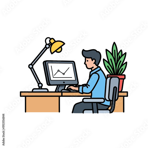 Man working on computer at desk with lamp and plant, business growth graph on screen