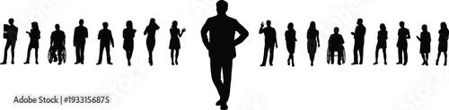 Large collection of black silhouettes featuring a diverse group of men and women including individuals in wheelchairs standing isolated on white background for community