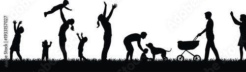Black silhouettes of happy families and children playing outdoors on grass with a dog and a baby stroller isolated on white background for recreation