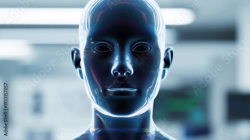 Futuristic humanlike robot in neon lights observing environment