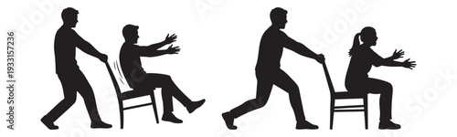 Prankster pulling a chair away from a person sitting down practical joke silhouette.