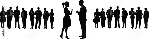 Large collection of black silhouettes featuring diverse professional men and women in business suits talking and networking isolated on white background for corporate office