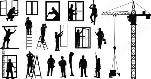 Construction workers installing windows and operating tower crane, builder silhouettes with tools and equipment isolated on white background, black vector illustration set