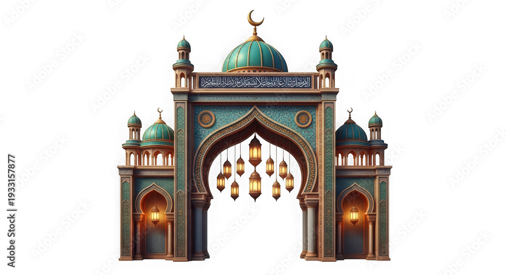 Obraz premium A stunning mosque archway with intricate design and lighting on transparent background