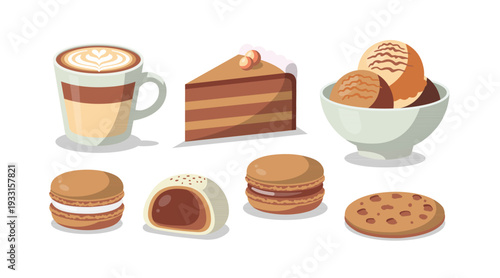 Delicious Chocolate Dessert Collection: Cappuccino Latte Art, Chocolate Cake, Ice Cream, Macarons, Mochi, and Choco Chip Cookie Vector Illustration