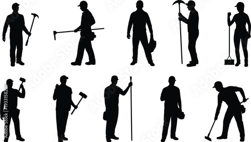 Construction worker silhouettes with various tools and equipment, professional laborer collection isolated on white background, black vector illustration set for building industry