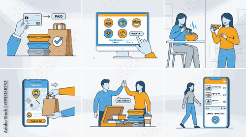 Online Food Ordering and Delivery Service Customer Journey Illustration