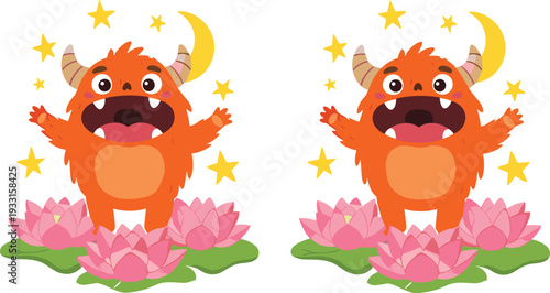 Cute orange monster cartoon character with stars moon and lotus flowers colorful vector illustration for kids design