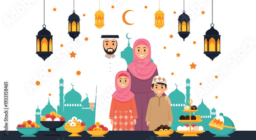 A Muslim family stands proudly before a spread of festive sweets beneath hanging lanterns and an illuminated cityscape silhouette.