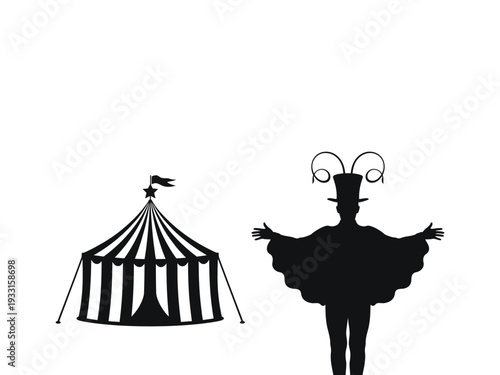 Silhouette of a circus tent and a ringmaster standing with arms outstretched. Vector