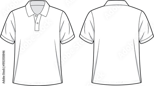 White polo shirt with short sleeves and a collar shown from front and back view button