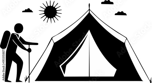Camping adventure under the sun with a hiker and a tent, symbolizing outdoor recreation and exploration