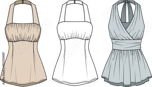 Halter neck summer dress vector illustration, ruched bodice mini dress technical flat sketch, front and back women fashion design template