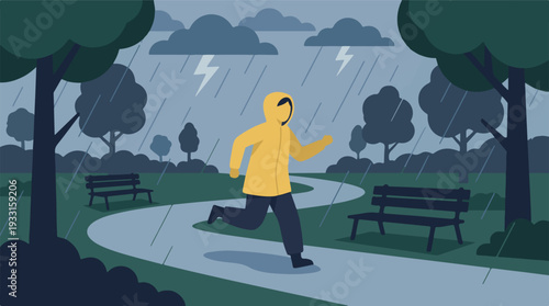 Person in yellow raincoat running in a park during a rainy thunderstorm