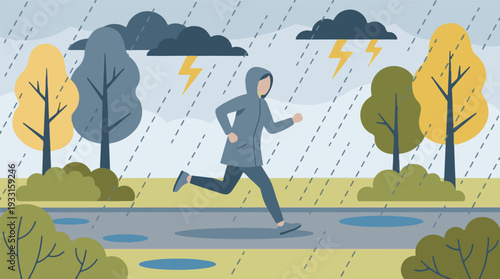 Determined person running in the rain during a thunderstorm