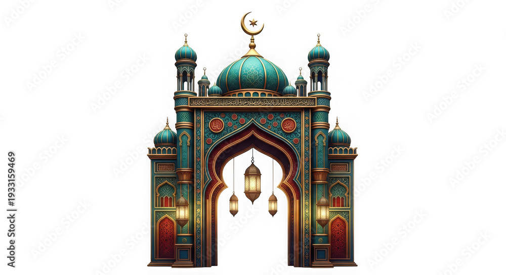 Obraz premium A colorful mosque with a large archway and domes on transparent background