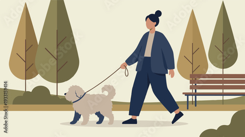 Woman walking her dog in a stylized park with minimalist trees and bench